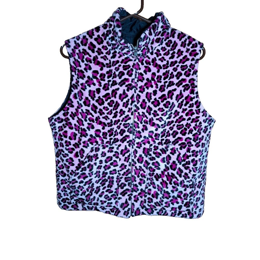 Dollhouse Women's Reversible Fleece Black/Leonard Print Full Zipper Vest Large